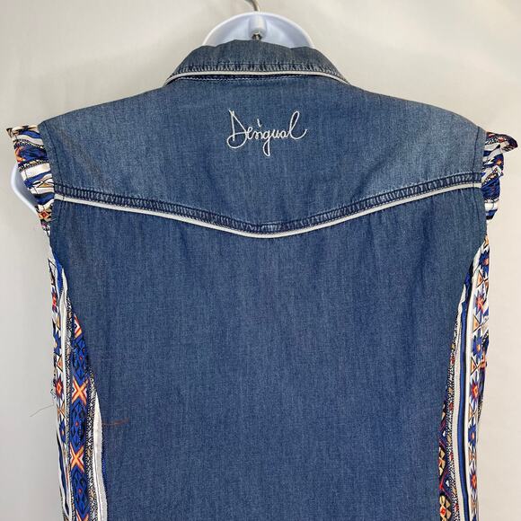 Desigual Womens Sleeveless Denim Shirt Naha XL V-Neck Button Up Aztec Side Panel - Picture 4 of 7